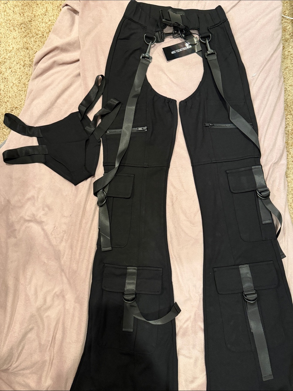 Black Utility Cargo Flare Pants with Straps
